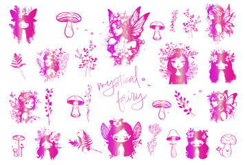 Obraz premium Fantasy characters for magical designs. Silhouettes of little fairy girls surrounded by butterflies and plants illustrations. Magical Fairies - Various grasses and plants for magical fairy kingdoms.