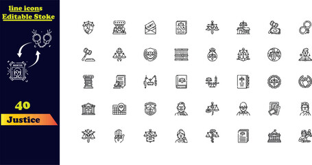 Editable stroke icon set for justice, featuring icons related to law, courts, legal matters, lawyers, briefcases, judgments, authority, criminals, and prisons.