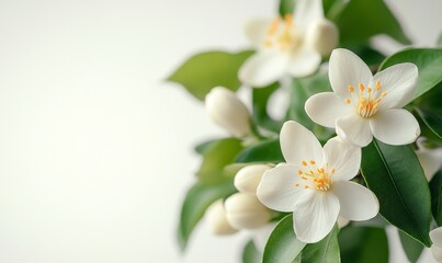 Fototapeta premium Beautiful White Jasmine Flowers With Green Leaves Brightening a Light Background in Spring