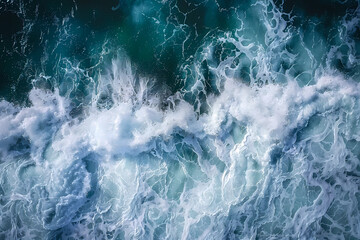 Fototapeta premium Spectacular aerial top view background photo of ocean sea water white wave splashing in the deep sea. Drone photo backdrop of sea wave in bird eye waves.