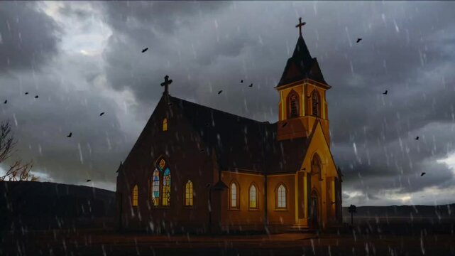 A gothic church with a tall steeple stands alone on a dark, stormy night. Rain falls heavily, and birds fly overhead. The church is illuminated from within, casting a warm glow.