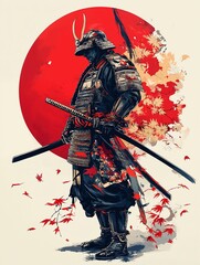 Fototapeta premium Silhouette of a samurai warrior holding two swords, set against a bold red sun, capturing a powerful and dynamic image of honor and battle in traditional Japanese style. 