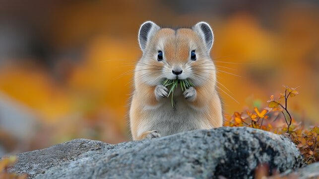 A small animal with a white face and brown fur is eating grass. The animal is standing on a rock