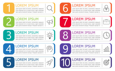 Business infographic Vector with 10 steps.Used for presentation,information,education,connection,marketing, project,strategy,technology,learn,brainstorm,creative,growth,abstract,stairs,idea,text,work.