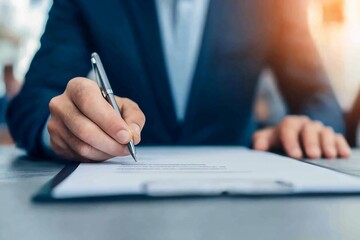Fototapeta premium Person holding a contract with multiple signatures during a negotiation, signed agreement, closing a deal.
