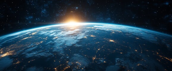 Obraz premium Sunrise Over Earth Viewed From Space Highlighting Clouds and City Lights at Dawn