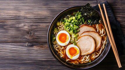Traditional ramen bowl filled with rich broth, slices of pork belly, soft-boiled eggs, seaweed, green onions, bamboo shoots, and freshly made noodles, with chopsticks resting on the side