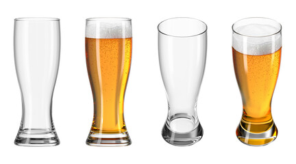 Glass with beer on isolated transparent background. Set of empty glasses and with drink in different angles. Bar theme. 3d rendering.