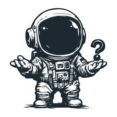  Cute astronaut with question gesture. Black white vector. Icon and logo illustration.