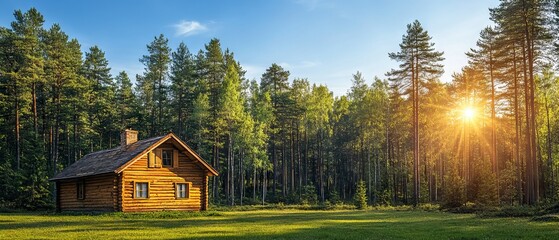 Sunrise Over a Charming Wooden Cabin Nestled in a Serene Forest Landscape During Early Morning