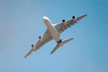 Large passenger jet plane is banking and soaring through a clear blue sky, showcasing the power and grace of modern aviation © Enigma
