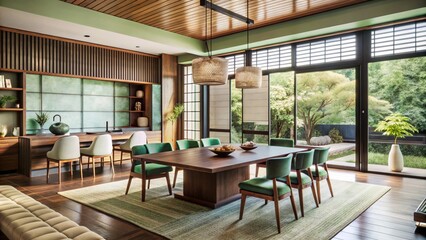 Minimalist, japandi interior design of modern living or dining room.
