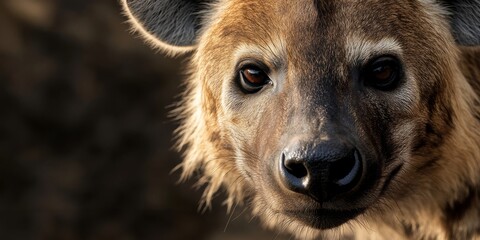 Obraz premium Close-up of a hyena's head, emphasizing its focused expression and textured fur under soft lighting