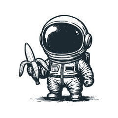 Cute astronaut hold a banana Black white vector. Icon and logo illustration.