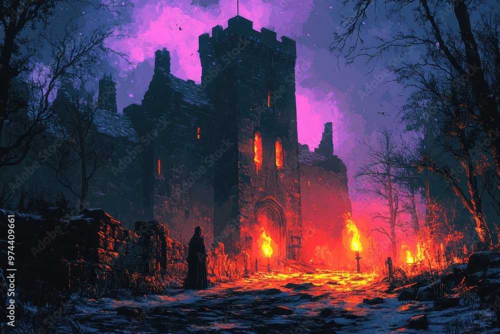 Poster retro 8-bit abandoned castle with crumbling walls and pixelated torches in moody vintage design