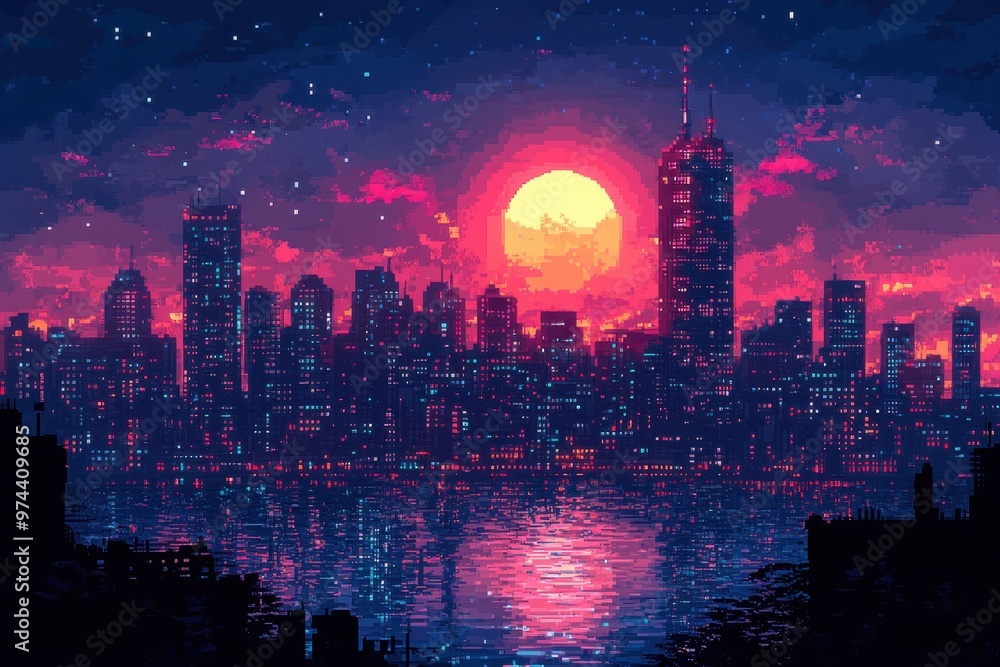 Wall mural retro neon city skyline at night with pixelated stars and towering skyscrapers in dark tones, 16-bit