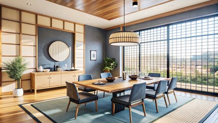 Minimalist, japandi interior design of modern living or dining room.
