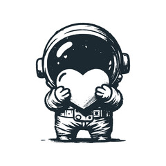 Cute astronaut hug a love heart. Black white vector icon and logo illustration.