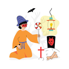 A person in a wizard hat sorts through a variety of Halloween candies