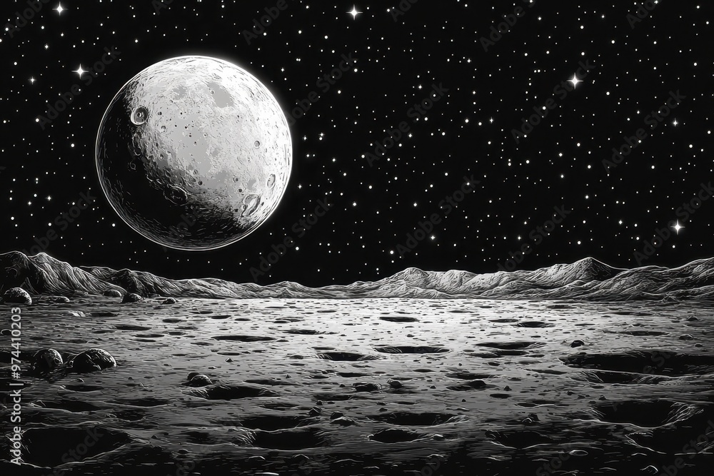 Poster retro moon surface with pixelated stars and planets in 8-bit style - vintage minimalist space theme 