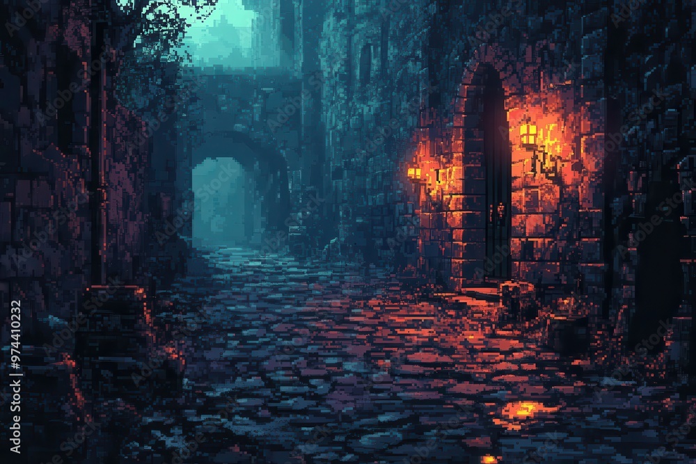Poster retro pixelated dungeon with glowing torches and scattered bones in 8-bit style