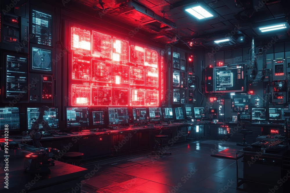Poster digitized tomorrow - retro sci-fi lab with robotic arms and glowing 16-bit screens in cool tones