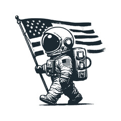 Cute astronaut holding an US America flag. Black white vector. Icon and logo illustration. © Maryoto