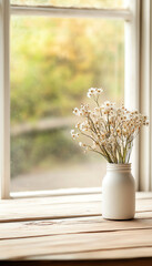 A serene still life featuring a white vase with delicate flowers, set against a softly blurred natural background.