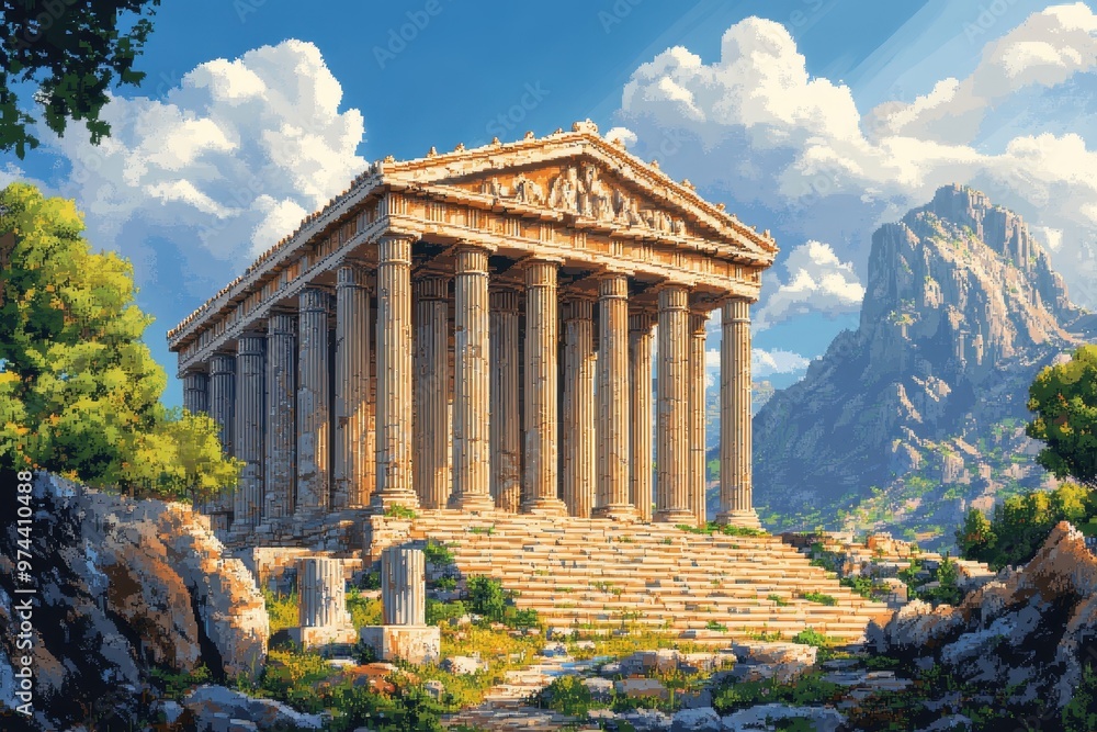 Poster retro pixelated ancient greece - 16-bit temples, columns, and statues in warm hues with simple class