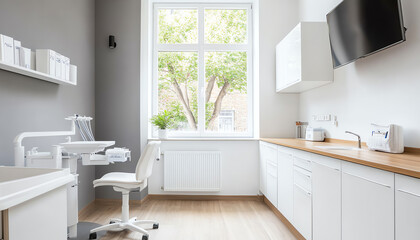 Fototapeta premium Bright dental office interior with modern equipment and clean design, perfect for showcasing hygienic and professional dental care.