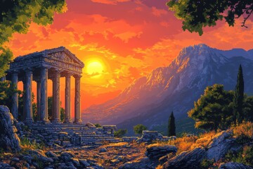 Obraz premium Pixelated Ruins of Ancient Greece - Retro 16-bit Architecture with Warm Hues in Classical Style