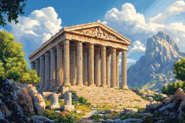 Retro Pixelated Ancient Greece - 16-Bit Temples, Columns, and Statues in Warm Hues with Simple Classical Layout