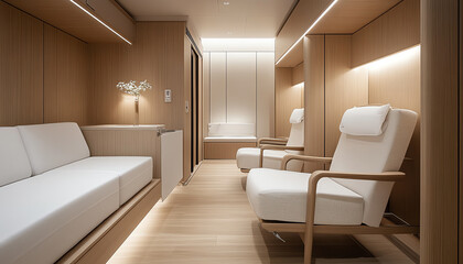 Fototapeta premium Modern interior of a tranquil relaxation space featuring sleek furniture and warm lighting for comfort and peace.