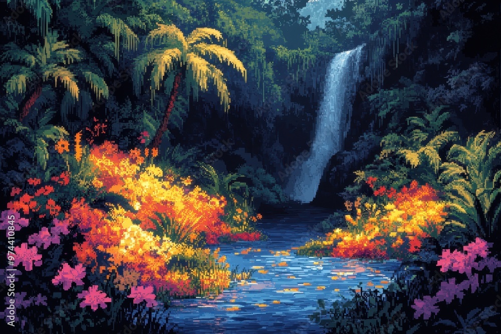Poster retro pixelated jungle canopy with glowing flowers and hidden paths in 16-bit style - vibrant colors