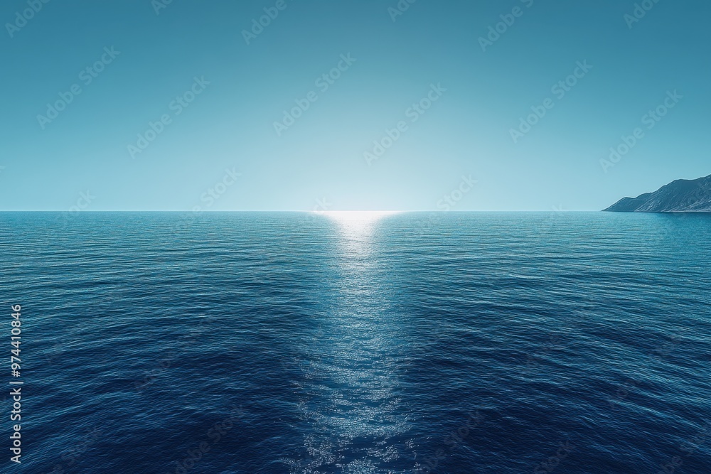 Poster retro pixelated ocean landscape with minimalist composition and distant island view in cool tones