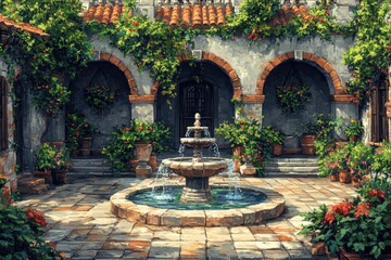 Retro Pixelated Castle Courtyard with Overgrown Vines and Arches in Earthy Hues - 16-bit Medieval Scene