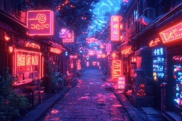 Retro-futuristic Cyberpunk Alley with Pixelated Neon Signs and Vibrant 16-Bit Hues in Clean Design