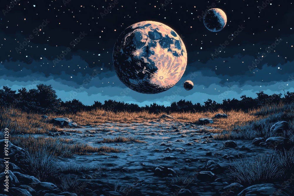 Aufkleber retro moon base exploration with pixelated rovers and planets in gray tones - vintage space concept 