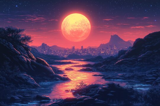 Retro Sci-Fi Pixelated Alien Landscape with Glowing Plants and Floating Rocks in 16-bit Vibrant Colors