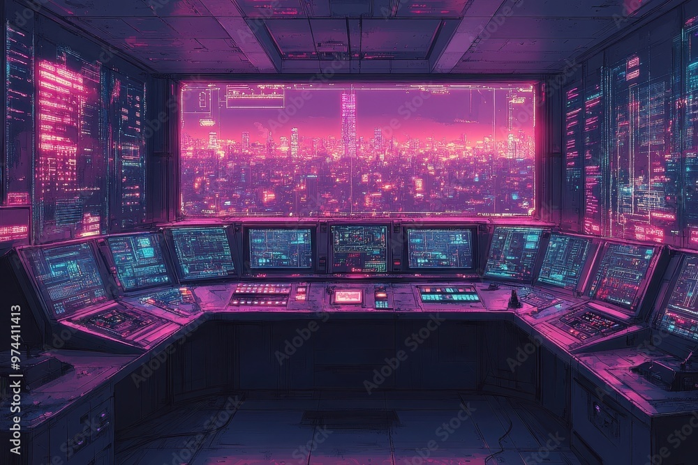Poster retro sci-fi control room with pixelated screens, glowing buttons, and robotic arms in cool 16-bit s