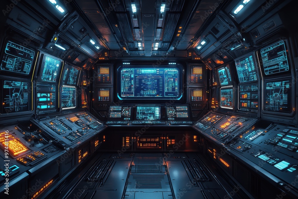Poster pixelated future: retro sci-fi control room with glowing buttons and robotic arms in 16-bit style