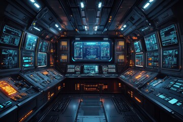 Pixelated Future: Retro Sci-Fi Control Room with Glowing Buttons and Robotic Arms in 16-Bit Style