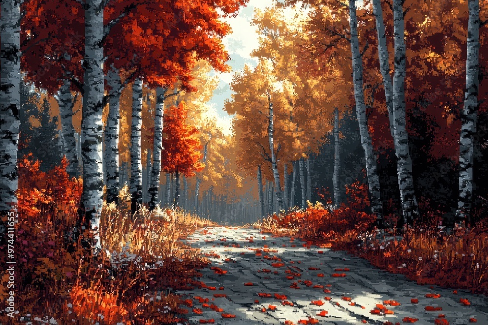 Poster pixelated forest nostalgia: retro 16-bit path with dappled sunlight and rustic charm