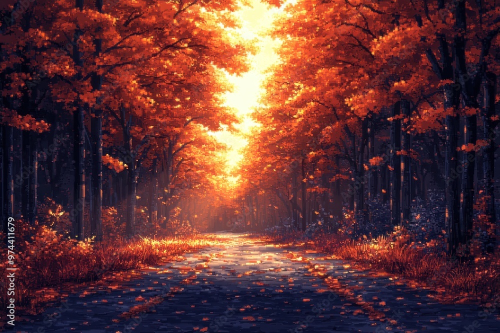 Aufkleber digital retro forest walkway - 16-bit pixelated trees in warm sunlight with scattered leaves, minima