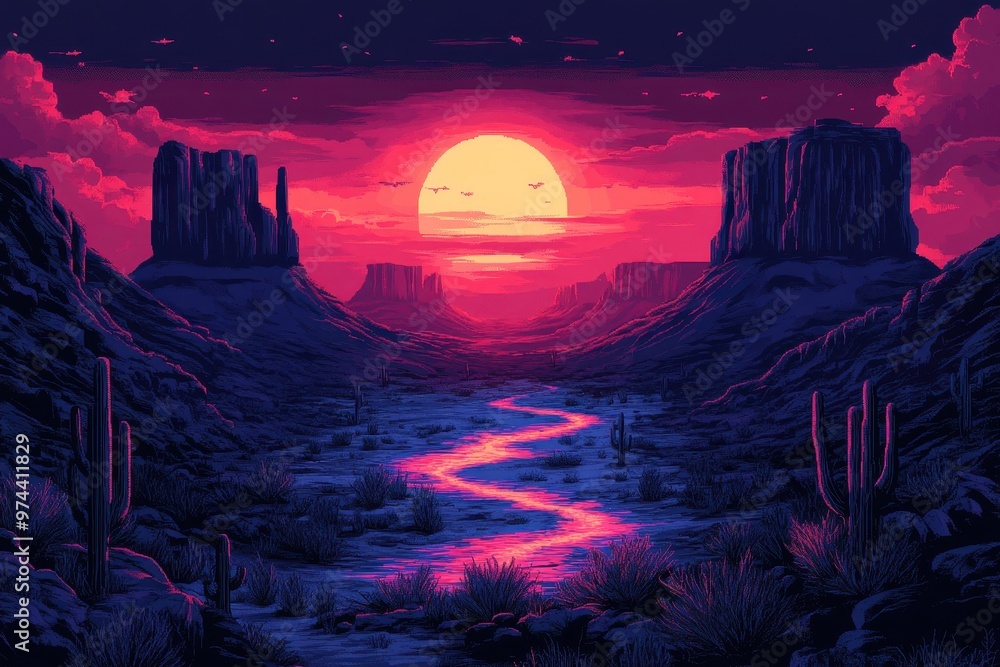 Poster retro pixelated desert canyon landscape with 8-bit cliffs and cacti in warm minimalist style