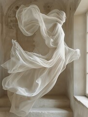 A woman in a flowing white dress is captured in mid-air, her form shrouded by the fabric's delicate movement