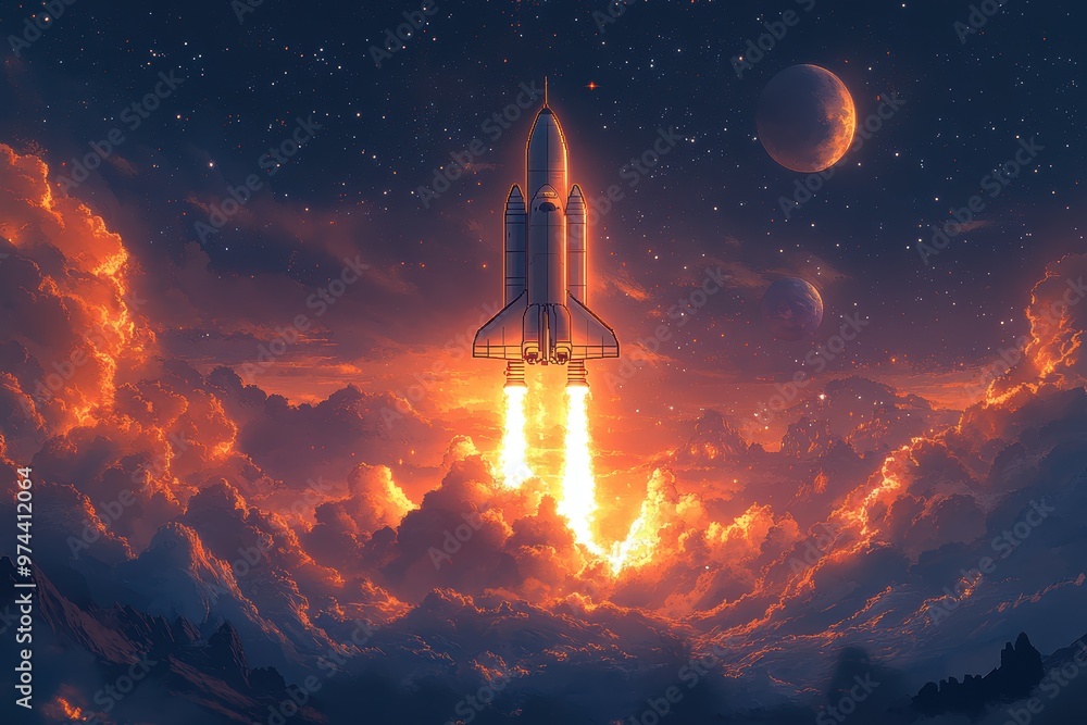 Aufkleber retro sci-fi space shuttle in pixelated universe - dark tones with glowing engines