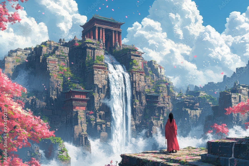 Poster pixelated serenity - retro floating temple in minimalist 16-bit design with waterfalls and crumbling