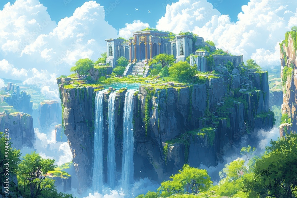 Poster serene pixelated oasis: floating temple in 16-bit retro fantasy world with soft colors and minimalis