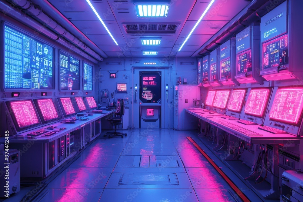 Poster retro sci-fi lab corridor with pixelated screens and robotic arms in cool 16-bit universe